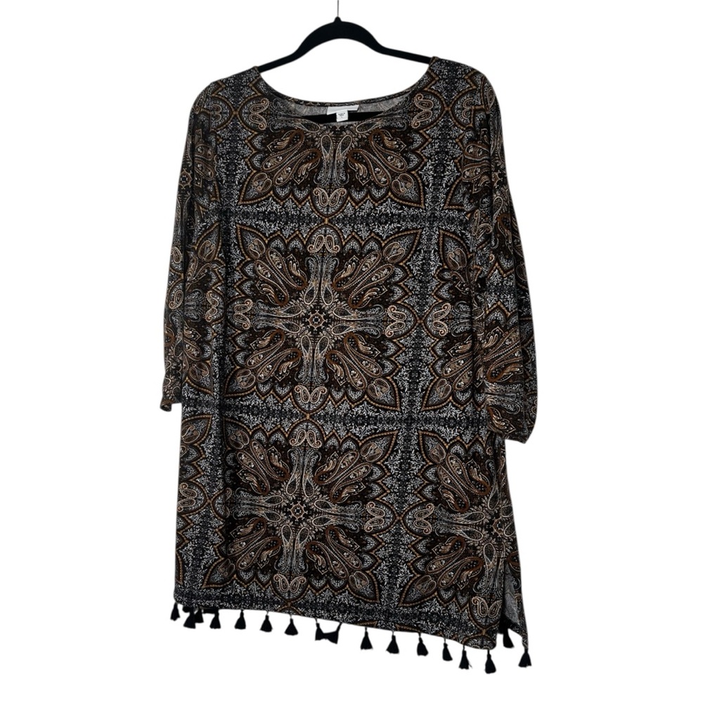 ⭐️ J. Jill Paisley Brown, White and Black Tunic with Tassels Size Large